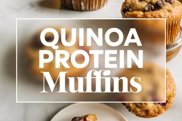 Collage of quinoa protein muffins displayed on marble, with whole muffins in the background and a halved muffin on a plate revealing a soft interior with berries and oats, overlaid with the bold text “Quinoa Protein Muffins.”