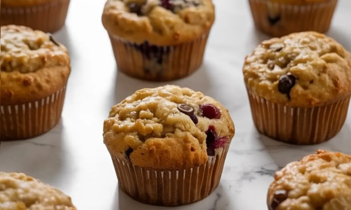 Batch of golden-brown quinoa protein muffins scattered on a white marble surface, featuring baked tops with visible blueberries and chocolate chips.