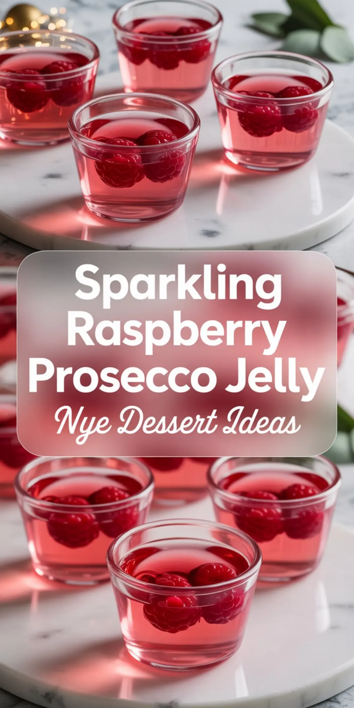 A collage showing sparkling raspberry Prosecco jelly in clear glass cups on a marble surface, with bright red raspberries suspended in pale pink jelly and soft natural light creating a festive New Year’s Eve dessert presentation.

