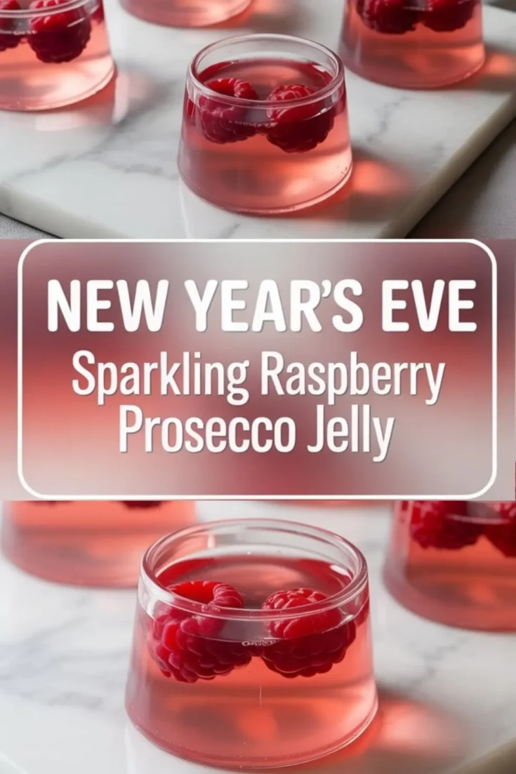 A collage featuring sparkling raspberry Prosecco jelly set in small round molds on a marble surface, each jelly holding whole red raspberries with a glossy finish and a New Year’s Eve party theme.