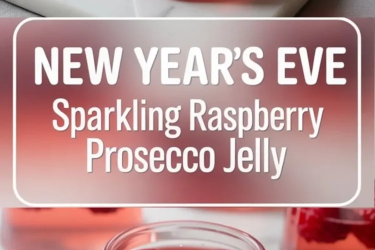 A collage featuring sparkling raspberry Prosecco jelly set in small round molds on a marble surface, each jelly holding whole red raspberries with a glossy finish and a New Year’s Eve party theme.