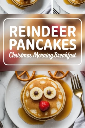 Christmas-themed reindeer pancakes arranged with pretzels, banana slices, chocolate chips, and a strawberry on a round stack, drizzled with maple syrup on a white plate. Bold text overlay reads “Reindeer Pancakes - Christmas Morning Breakfast.”
