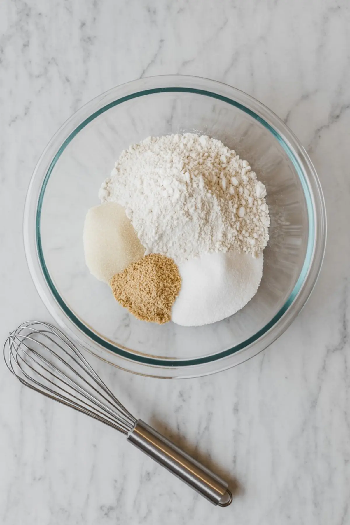 Glass mixing bowl with neatly arranged pancake dry ingredients including flour, brown sugar, granulated sugar, and salt on a marble surface with a stainless steel whisk beside it.
