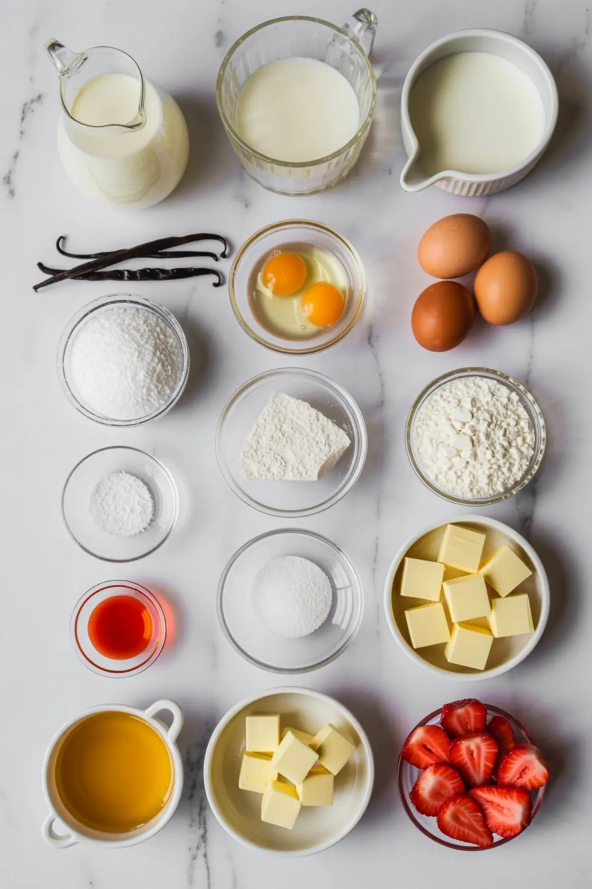Overhead view of neatly arranged baking ingredients on a white marble surface, including milk, eggs, butter, sugar, flour, strawberries, vanilla beans, and liquid extracts. Christmas baking preparation setup for mousse or dome desserts.
