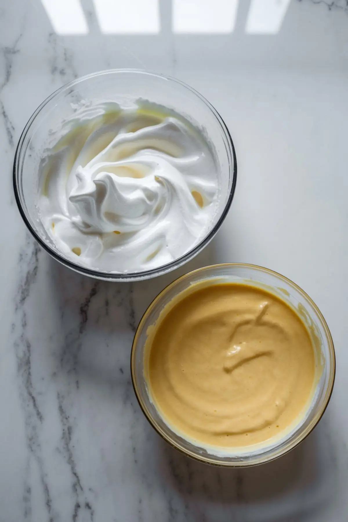 Two bowls containing stiff whipped egg whites and smooth yellow batter, placed on a marble surface. Visual step in preparing a light mousse or sponge base for festive dessert domes.
