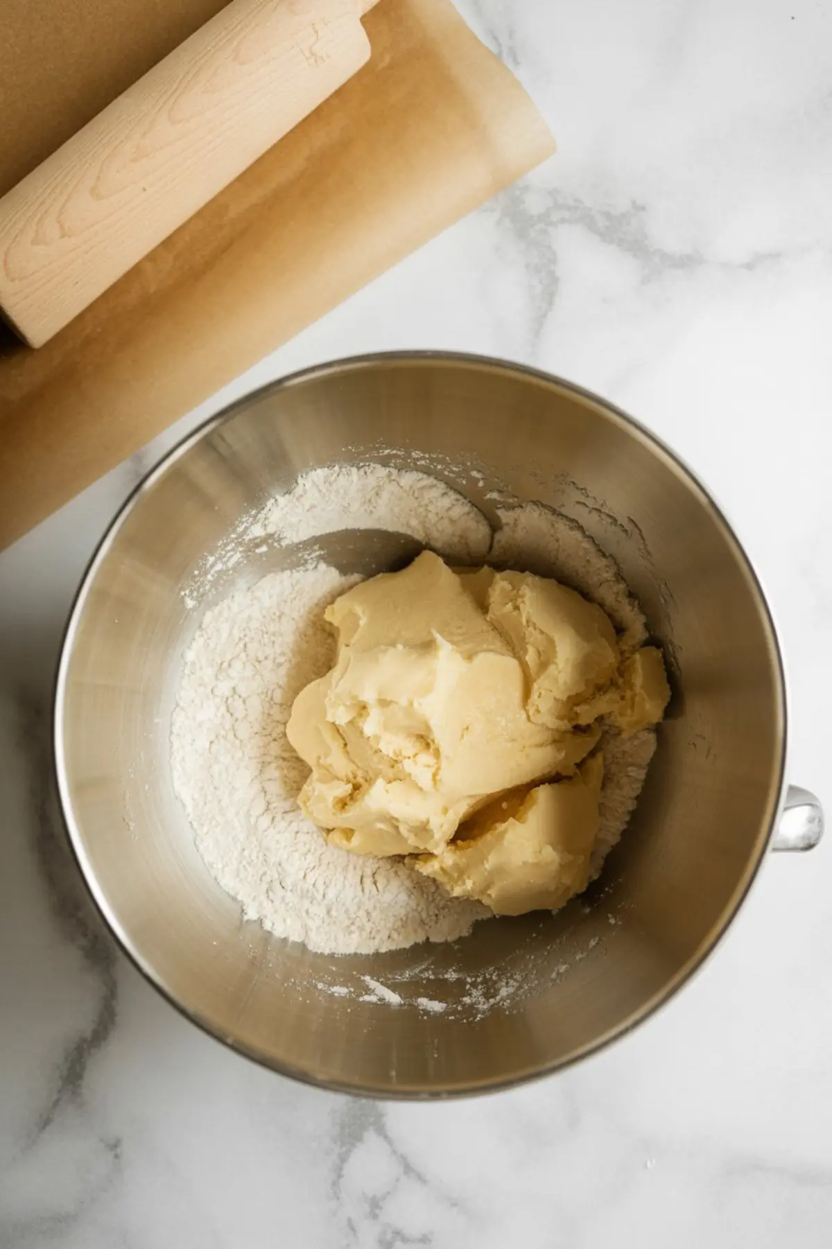 Mixing bowl filled with sugar cookie dough surrounded by flour on the sides, with a rolling pin and parchment paper in the background. Cookie base preparation for layered Christmas desserts.
