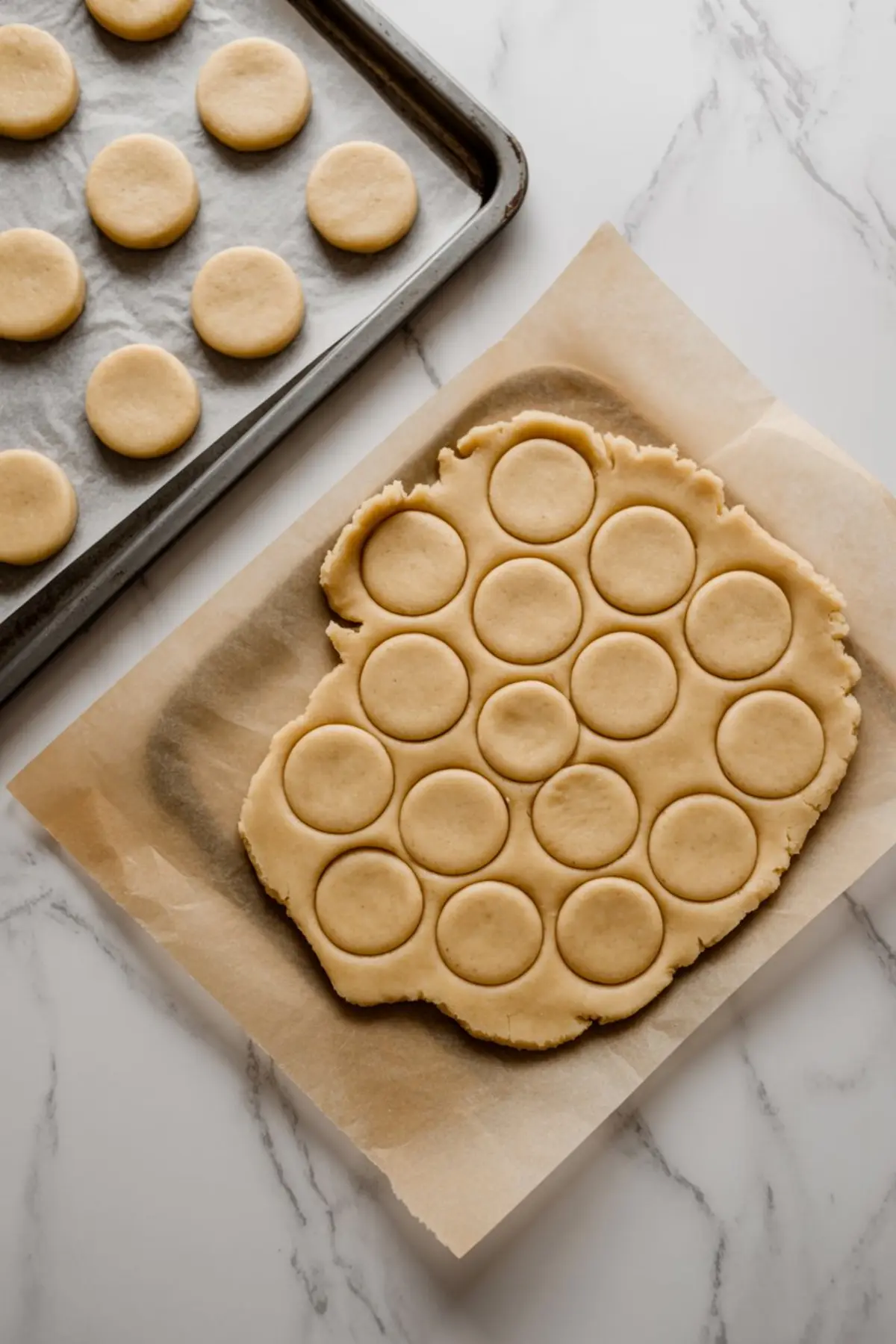 Rolled-out sugar cookie dough with evenly cut circular shapes and a baking tray of raw cookies on parchment paper. Base layer prep for Christmas dome desserts or festive cookie projects.
