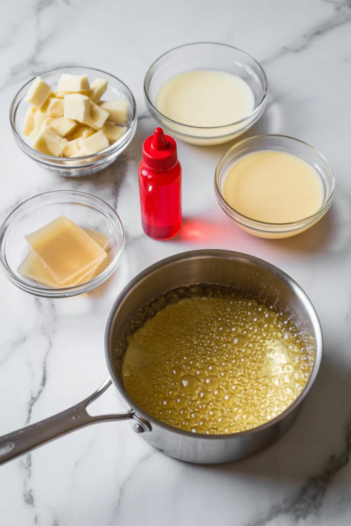 Assortment of melted ingredients in glass bowls, including white chocolate, condensed milk, red food coloring, and gelatin sheets, with a saucepan of bubbling sugar syrup. Preparation for mirror glaze coating on Christmas mousse domes.
