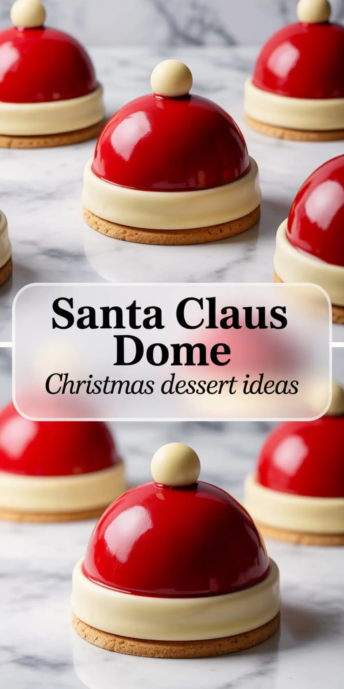 Vertical collage featuring glossy Santa hat dome desserts with white chocolate trim and a cookie base, styled on a marble background. The center overlay reads “Santa Claus Dome – Christmas dessert ideas,” surrounded by bright red glazed mousse domes.
