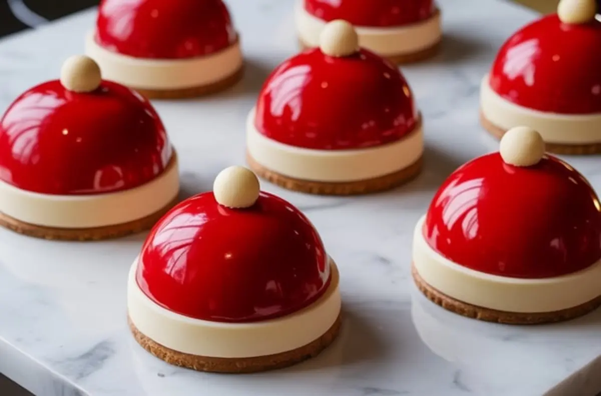 Glossy red dome-shaped desserts with white chocolate trim and a spherical topper, styled to resemble Santa hats, arranged on a marble surface. Christmas pastries with mirror glaze, festive mousse cakes on cookie bases.
