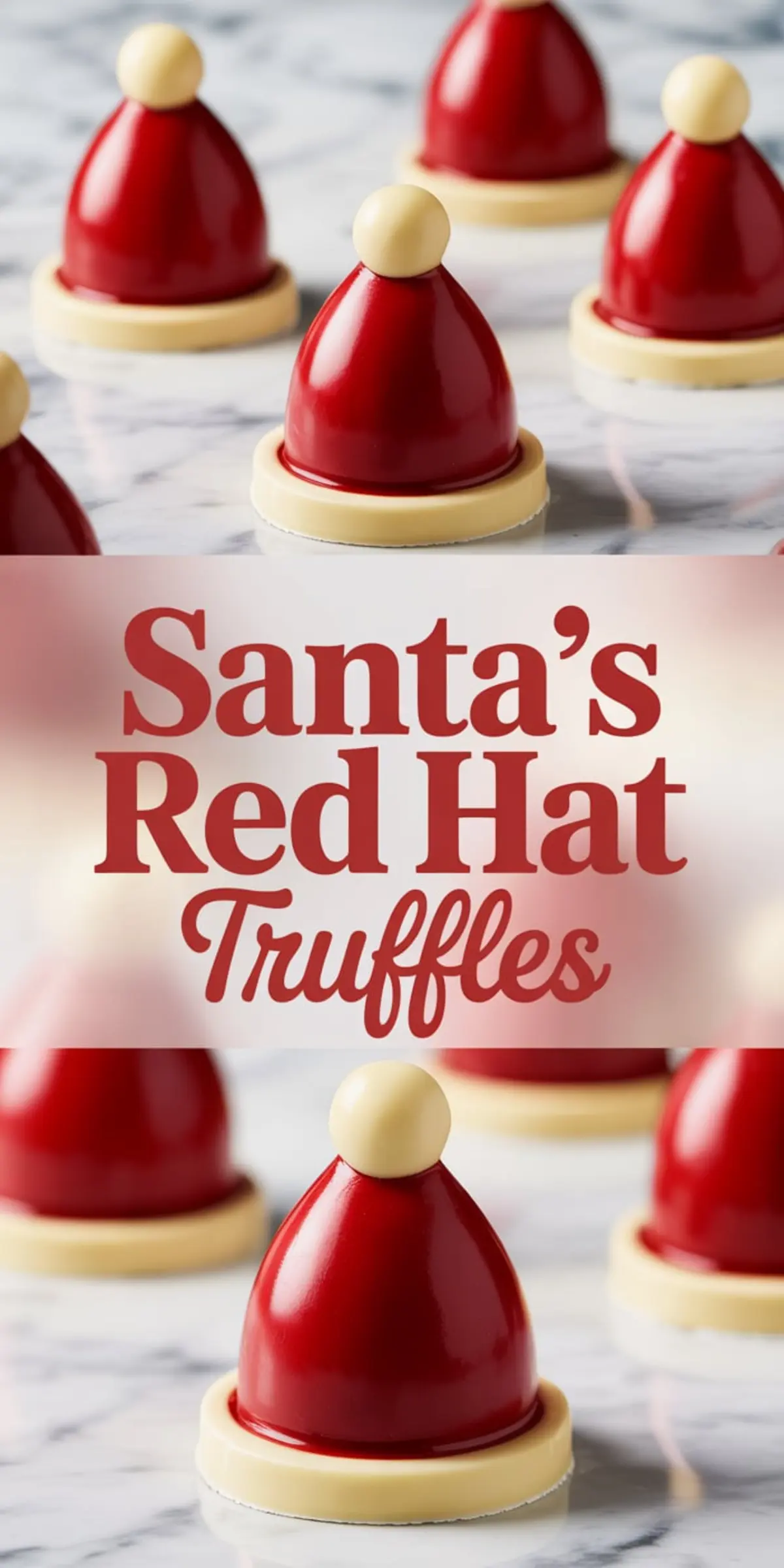 Vertical collage of Santa hat-shaped truffles with a red glossy cone, white chocolate brim, and spherical topper. The center text reads “Santa’s Red Hat Truffles,” displayed across a marble surface with festive styling.
