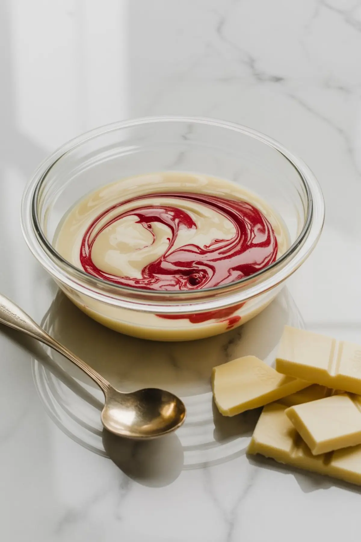 Glass bowl with white chocolate mixture swirled with red food coloring, placed beside white chocolate chunks and a gold spoon on a marble surface. Color blending step for festive glaze or decorative truffle coating.

