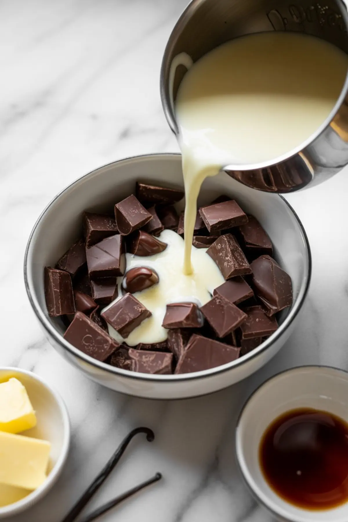 Warm cream being poured into a bowl of chopped dark chocolate, with butter, vanilla beans, and extract nearby on a marble surface. Ganache preparation for holiday truffles or rich chocolate desserts.
