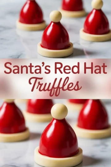 Two-panel collage showing glossy red truffle domes styled like Santa hats, each with a white chocolate base and top ball. Centered text overlay reads “Santa’s Red Hat Truffles” on a blurred festive backdrop.