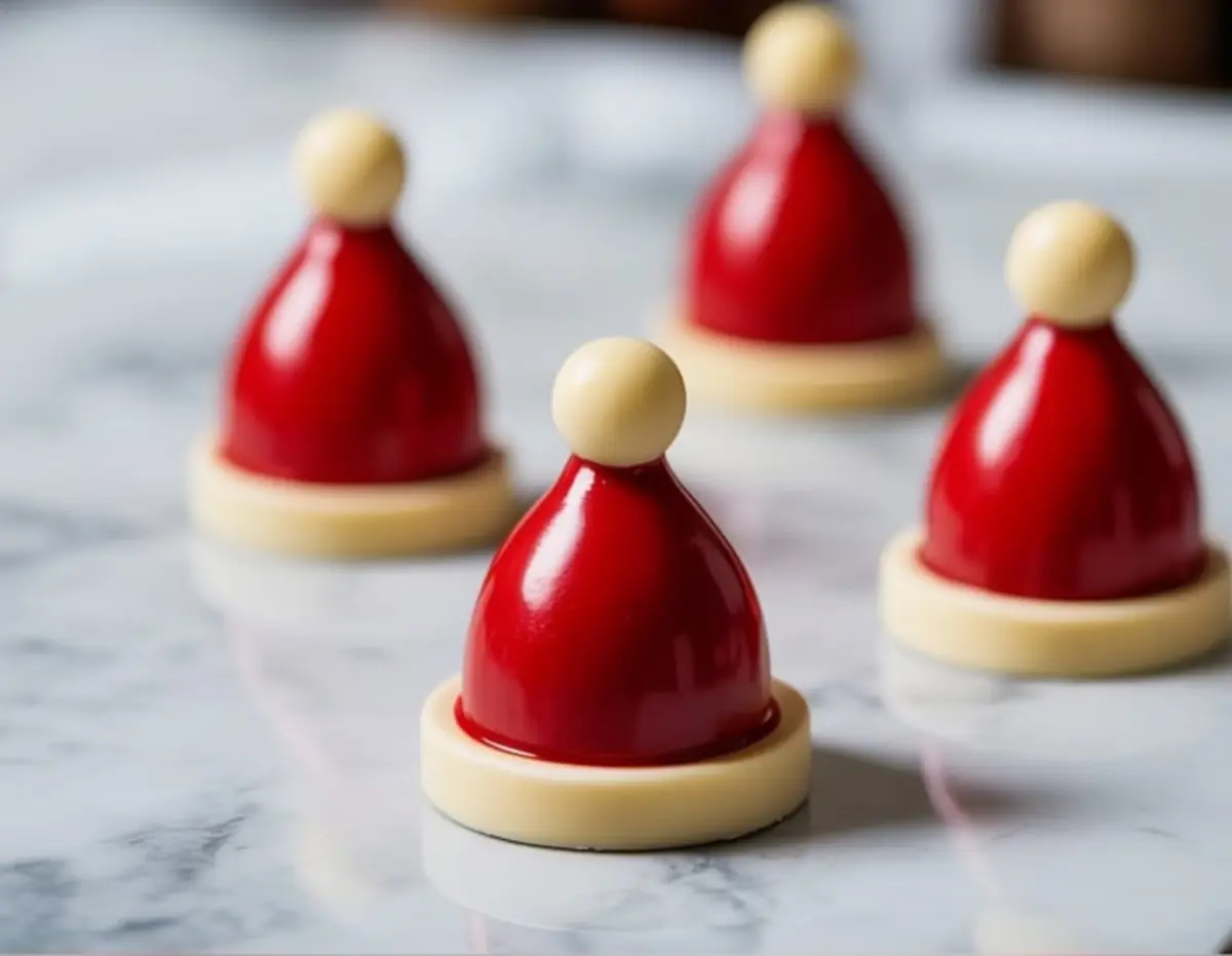 Close-up of glossy red Santa hat truffles arranged on a marble surface, with a white chocolate brim and spherical top. Holiday chocolate treats styled for Christmas dessert inspiration.
