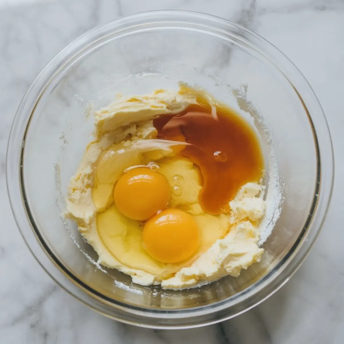 Top-down view of a mixing bowl with two raw eggs, vanilla extract, and softened butter on a marble countertop, showing early steps in vanilla cupcake batter preparation.
