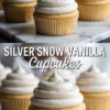 Collage showing close-up views of vanilla cupcakes with swirled buttercream frosting, topped with silver sprinkles on a marble surface. The top half focuses on full cupcakes, while the bottom highlights one cupcake in crisp detail with bold text reading “Silver Snow Vanilla Cupcakes.”