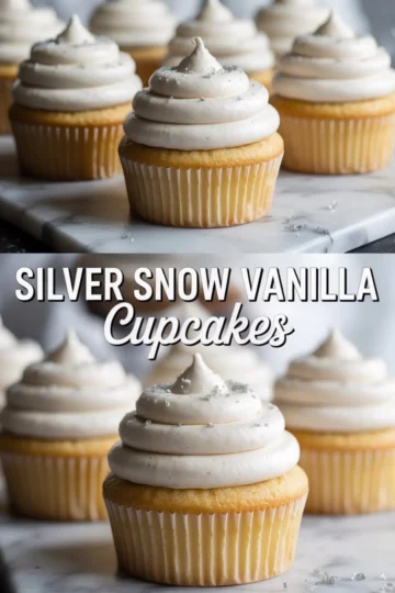Collage showing close-up views of vanilla cupcakes with swirled buttercream frosting, topped with silver sprinkles on a marble surface. The top half focuses on full cupcakes, while the bottom highlights one cupcake in crisp detail with bold text reading “Silver Snow Vanilla Cupcakes.”