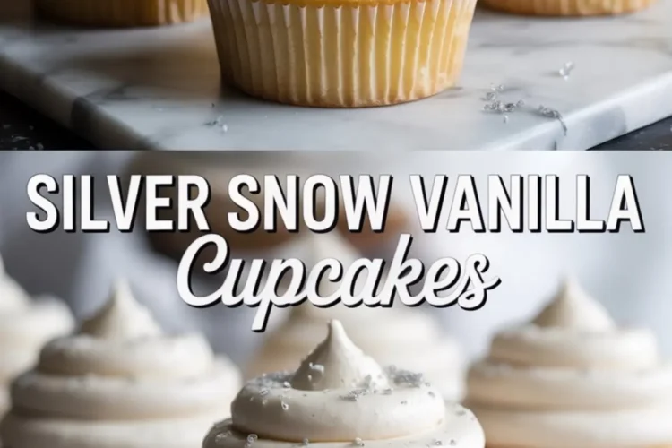 Collage showing close-up views of vanilla cupcakes with swirled buttercream frosting, topped with silver sprinkles on a marble surface. The top half focuses on full cupcakes, while the bottom highlights one cupcake in crisp detail with bold text reading “Silver Snow Vanilla Cupcakes.”
