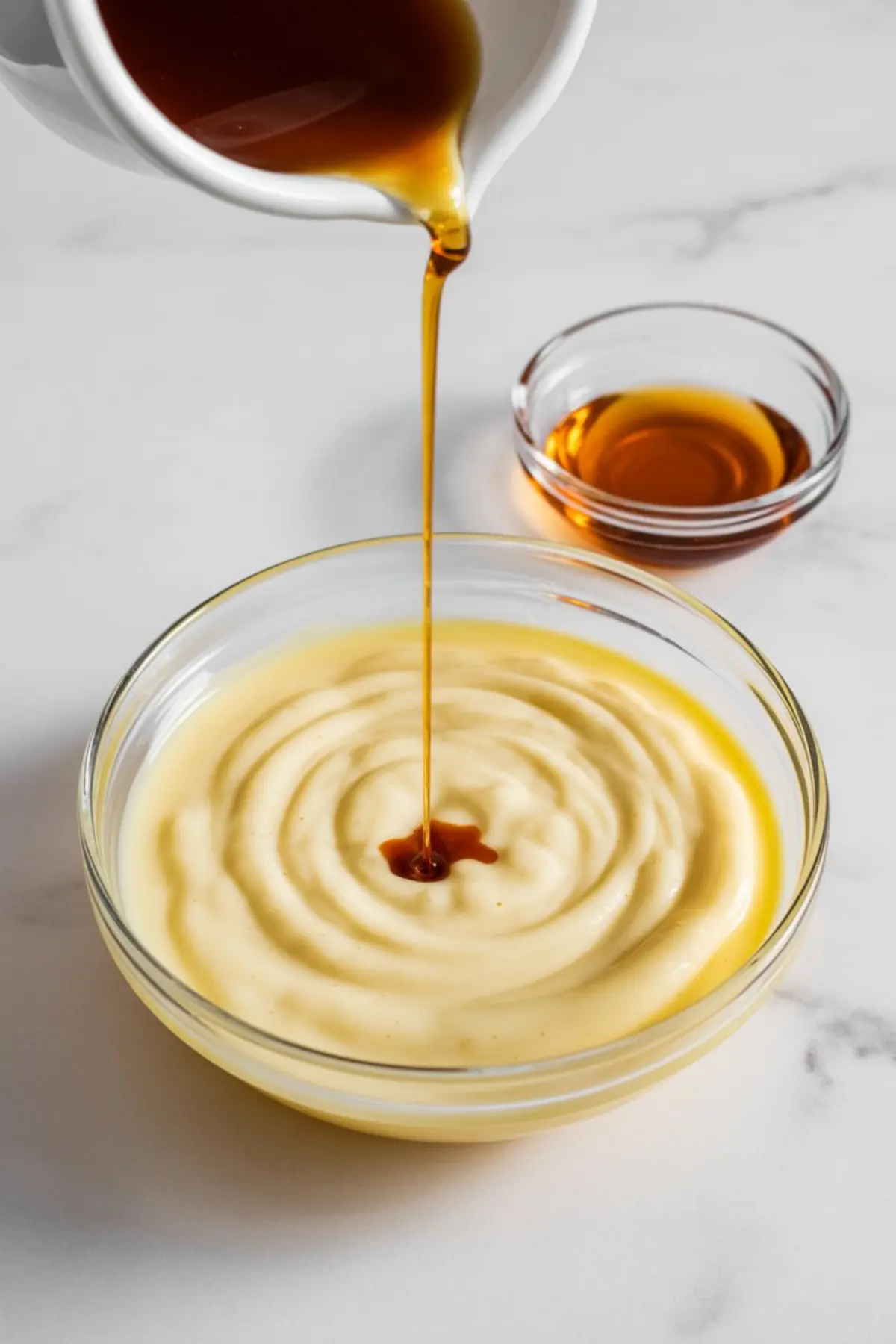Maple syrup being poured into a bowl of creamy custard, creating ripples in the thick mixture, with another bowl of amber syrup in the background, perfect for custard recipes, sauces, or dessert toppings.

