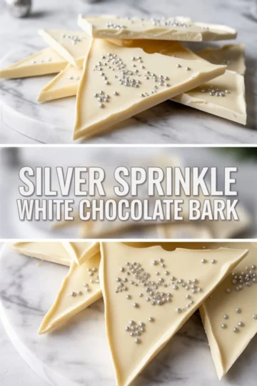 Collage showing silver sprinkle white chocolate bark on parchment paper. Top image displays thin slabs of white chocolate topped with silver dragees. Bottom view highlights layered pieces with metallic accents. Great for holiday desserts, edible gifts, or party sweets.