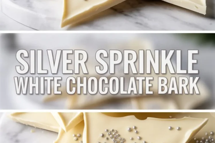 Collage showing silver sprinkle white chocolate bark on parchment paper. Top image displays thin slabs of white chocolate topped with silver dragees. Bottom view highlights layered pieces with metallic accents. Great for holiday desserts, edible gifts, or party sweets.