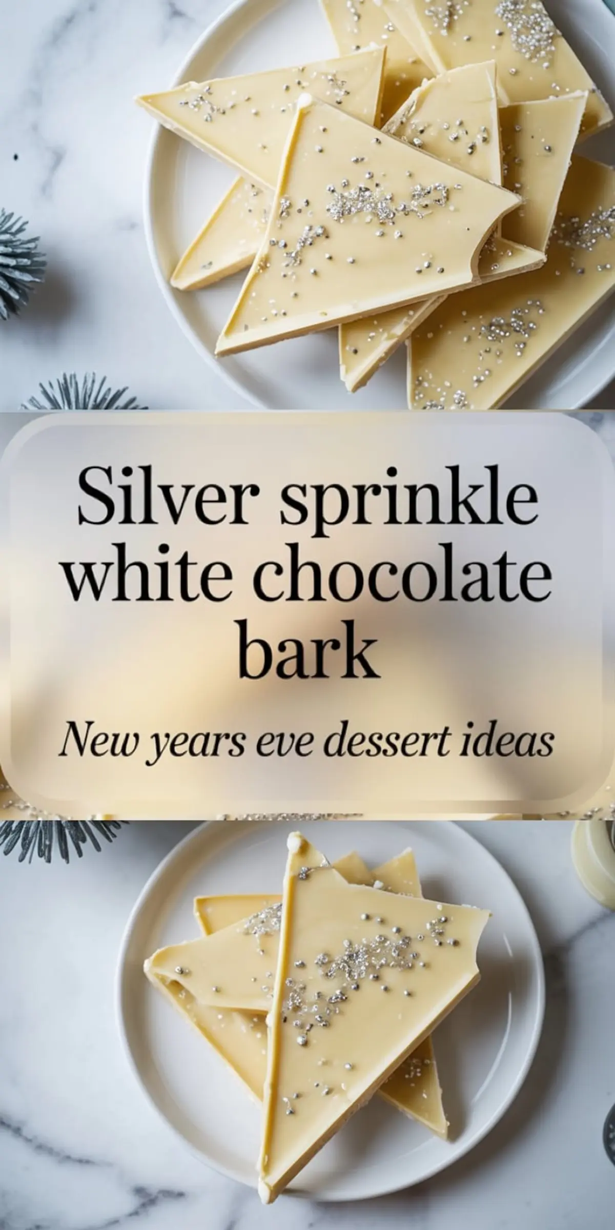 Collage of silver sprinkle white chocolate bark arranged on a white plate. Top view captures shiny silver decorations on creamy bark. Bottom image shows layered presentation with minimal Christmas decor, ideal for New Year’s Eve desserts or festive party treats.

