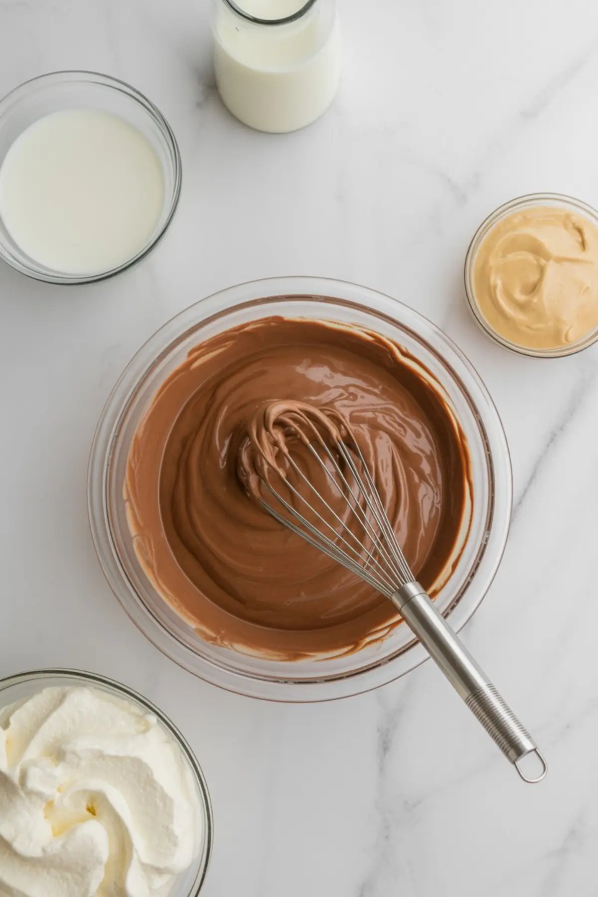 Glass mixing bowl filled with creamy chocolate pudding being whisked, surrounded by whipped cream, peanut butter, and milk on a marble surface for a dessert prep scene.

