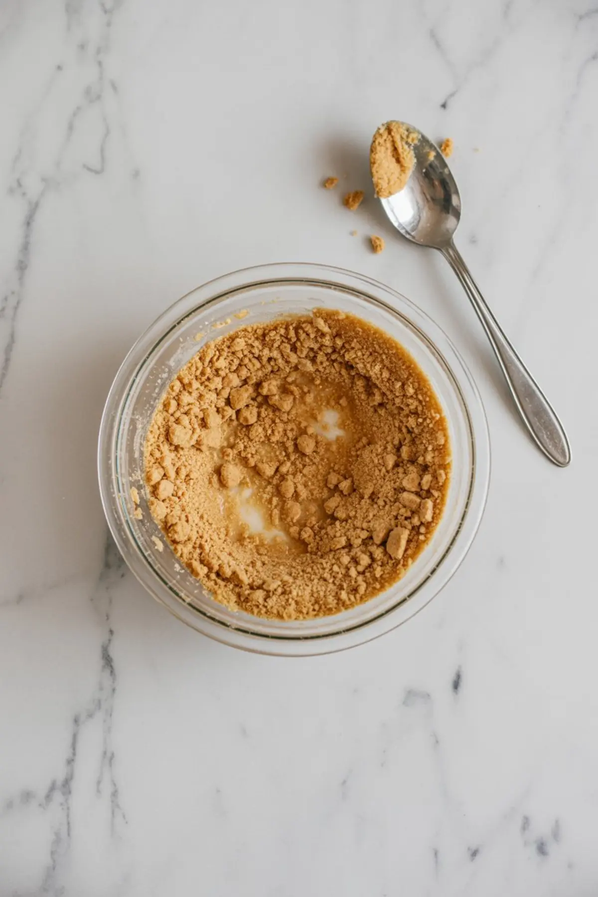 Crushed graham cracker crust mixture in a glass bowl with a spoon beside it on a white marble background, showing step in making layered dessert bases.

