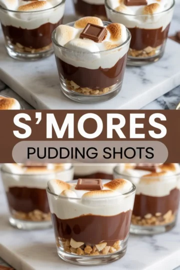 Glass dessert cups layered with graham cracker crumbs, chocolate pudding, and toasted marshmallows, topped with a chocolate square, styled with a “S’mores Pudding Shots” text overlay.