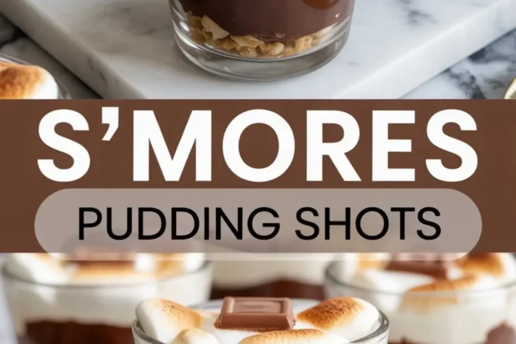 Glass dessert cups layered with graham cracker crumbs, chocolate pudding, and toasted marshmallows, topped with a chocolate square, styled with a “S’mores Pudding Shots” text overlay.