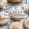 Collage of vanilla cookies with sparkling glaze on a cooling rack and marble background. Top view highlights baked cookies with smooth icing and gold sprinkles. Bottom image captures close-ups of frosted cookies, perfect for New Year dessert ideas or holiday baking boards.