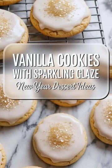 Collage of vanilla cookies with sparkling glaze on a cooling rack and marble background. Top view highlights baked cookies with smooth icing and gold sprinkles. Bottom image captures close-ups of frosted cookies, perfect for New Year dessert ideas or holiday baking boards.