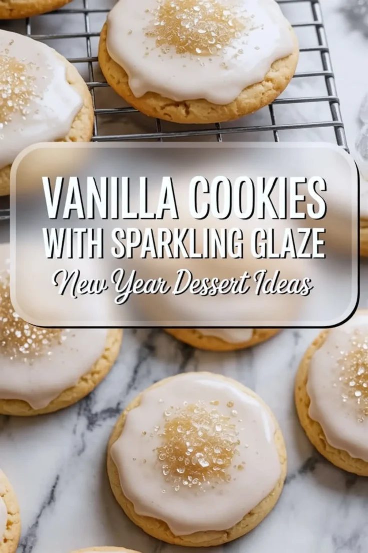 Collage of vanilla cookies with sparkling glaze on a cooling rack and marble background. Top view highlights baked cookies with smooth icing and gold sprinkles. Bottom image captures close-ups of frosted cookies, perfect for New Year dessert ideas or holiday baking boards.