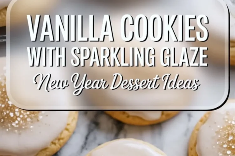 Collage of vanilla cookies with sparkling glaze on a cooling rack and marble background. Top view highlights baked cookies with smooth icing and gold sprinkles. Bottom image captures close-ups of frosted cookies, perfect for New Year dessert ideas or holiday baking boards.
