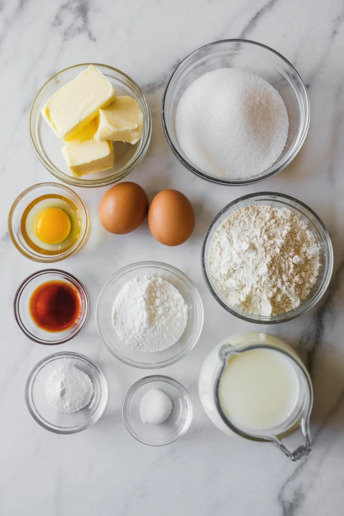 Flat lay of baking ingredients for vanilla cookies on a marble counter, including butter, eggs, flour, sugar, vanilla extract, baking powder, powdered sugar, salt, and milk, displayed in glass and ceramic bowls.
