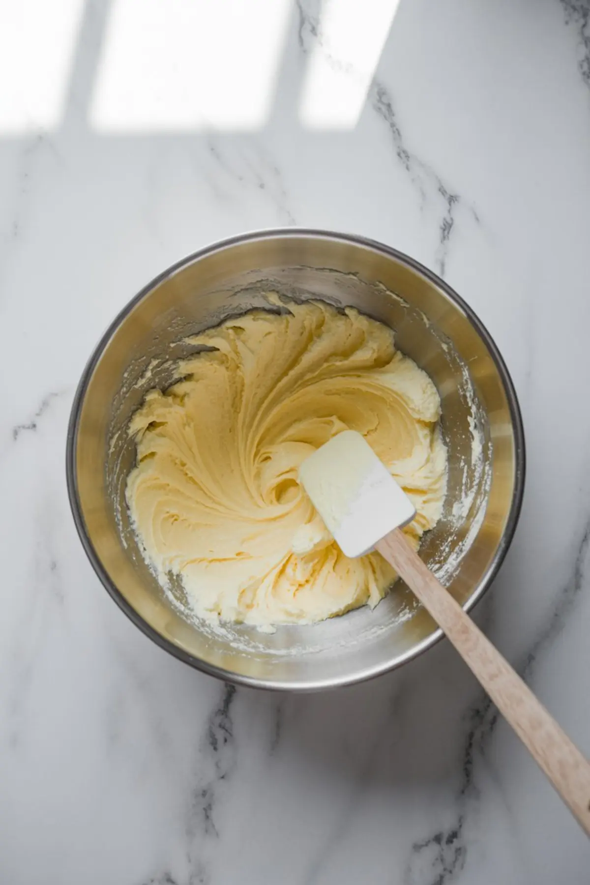 Creamed butter and sugar mixture swirled in a metal mixing bowl with a spatula, showing the light and fluffy texture used for making vanilla cookie dough.
