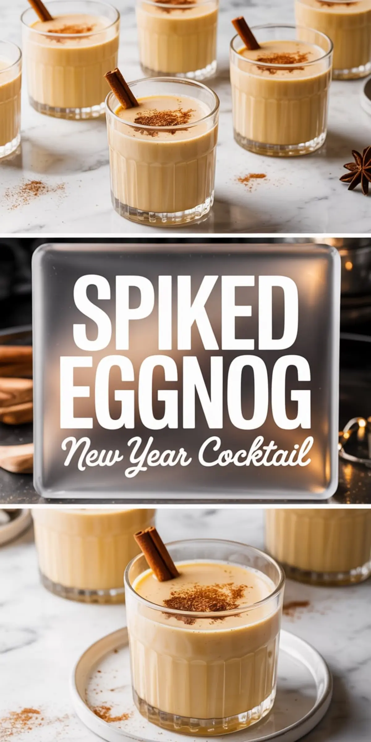 Vertical collage showing creamy spiked eggnog served in clear glasses with cinnamon sticks, dusted with ground nutmeg, arranged on a white marble surface. The center features bold text reading “Spiked Eggnog – New Year Cocktail,” emphasizing a festive holiday drink for winter celebrations.