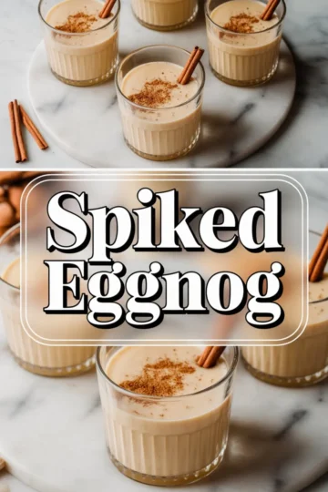 Stylish vertical collage with creamy spiked eggnog in textured glasses topped with nutmeg and cinnamon sticks on a round marble tray. Central label features bold “Spiked Eggnog” text, ideal for holiday drink inspiration and seasonal cocktail ideas.