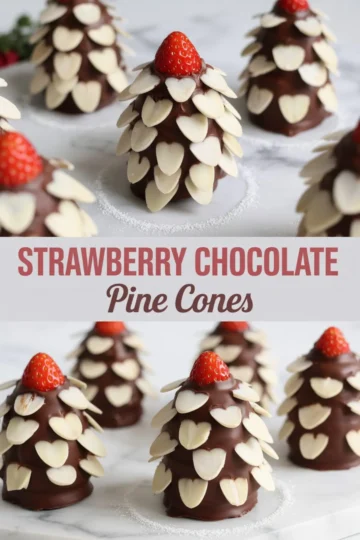 Collage showing chocolate-coated pine cone desserts crafted with almond slices and topped with strawberries, displayed on a white marble surface with circular sugar dusting around each cone.