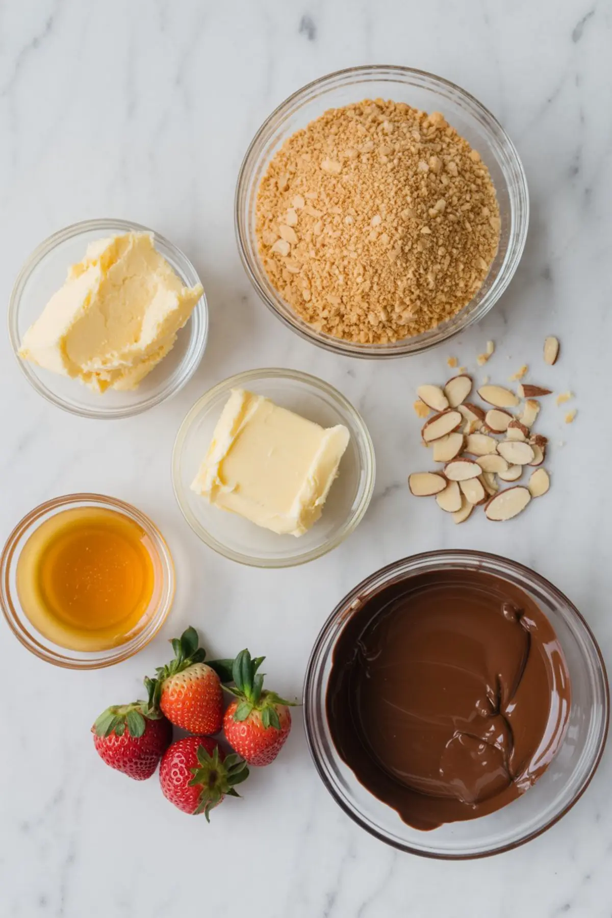 Flat lay of dessert ingredients on a marble surface including melted chocolate, softened butter, crushed cookies, honey, almond slices, and fresh strawberries arranged for a chocolate strawberry recipe.
