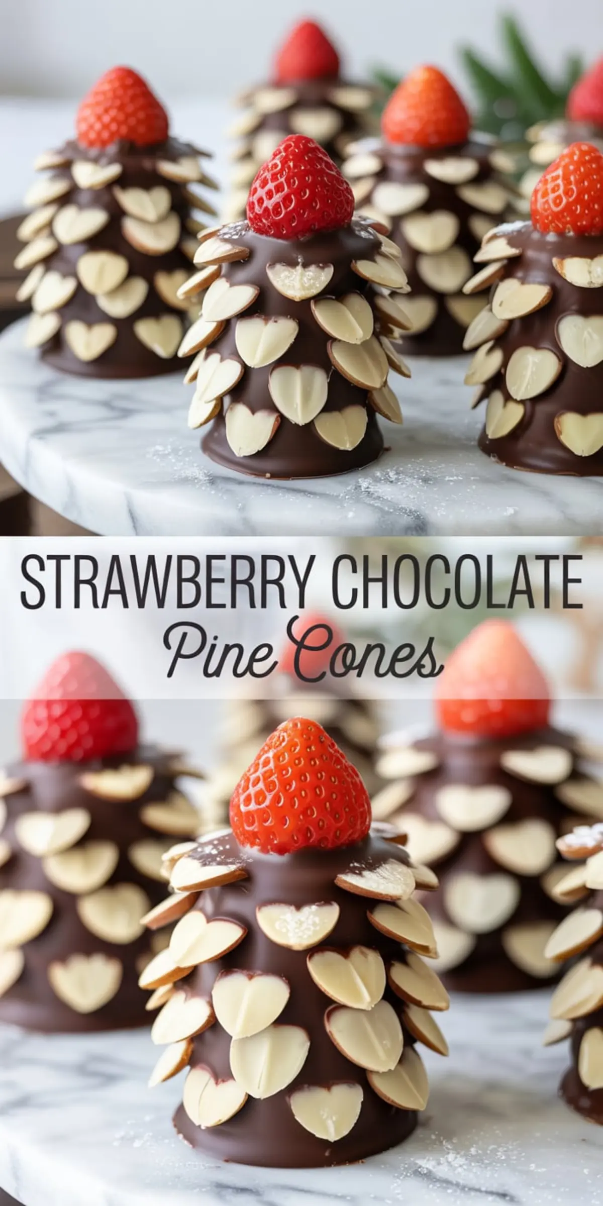 Vertical collage showing chocolate-dipped pine cone treats topped with fresh strawberries, decorated with almond slices to resemble pine cone scales, placed on a marble surface with the text “Strawberry Chocolate Pine Cones” in the center band.
