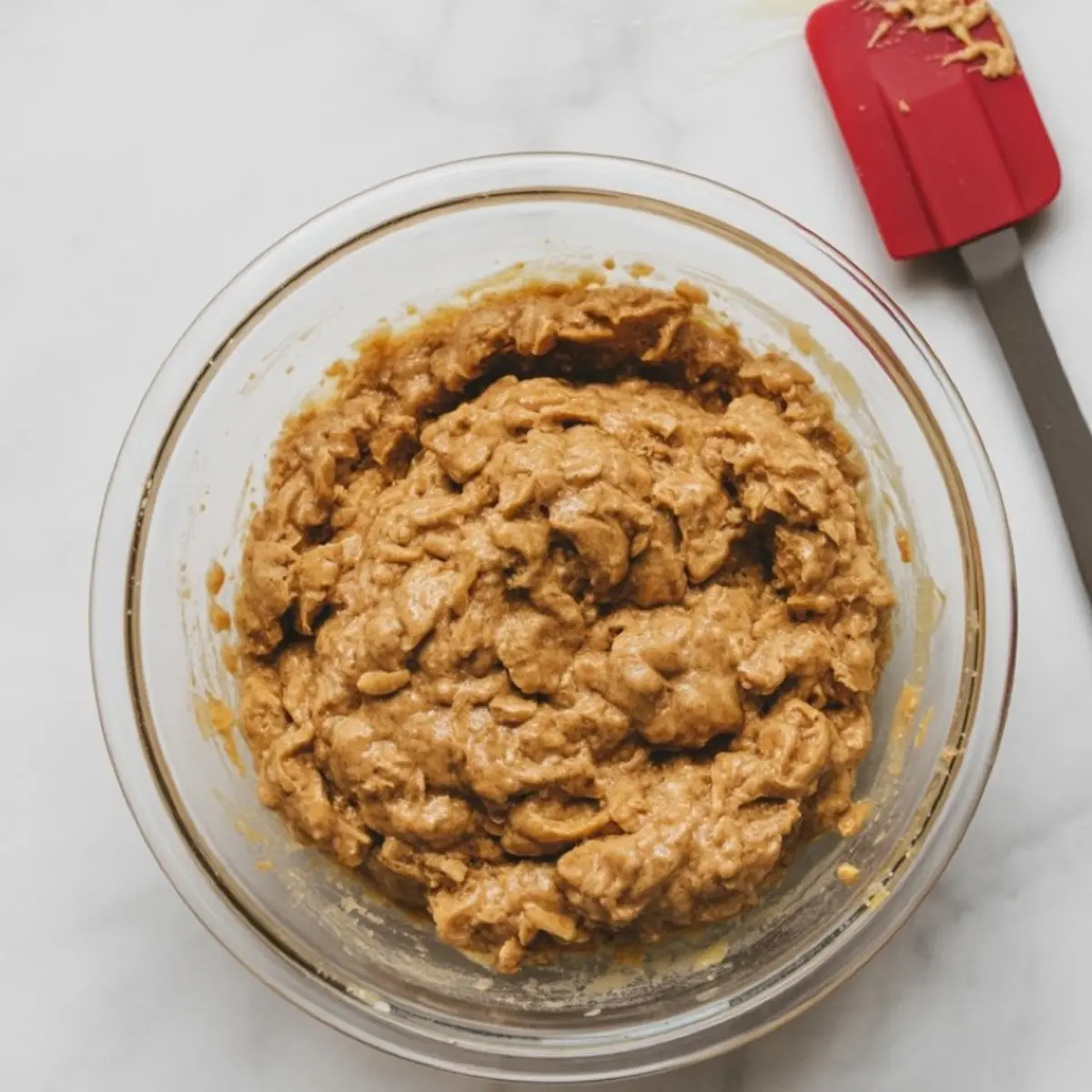 A glass mixing bowl filled with thick peanut butter cookie dough batter, resting on a white marble surface beside a red silicone spatula coated with remnants of the mixture.
