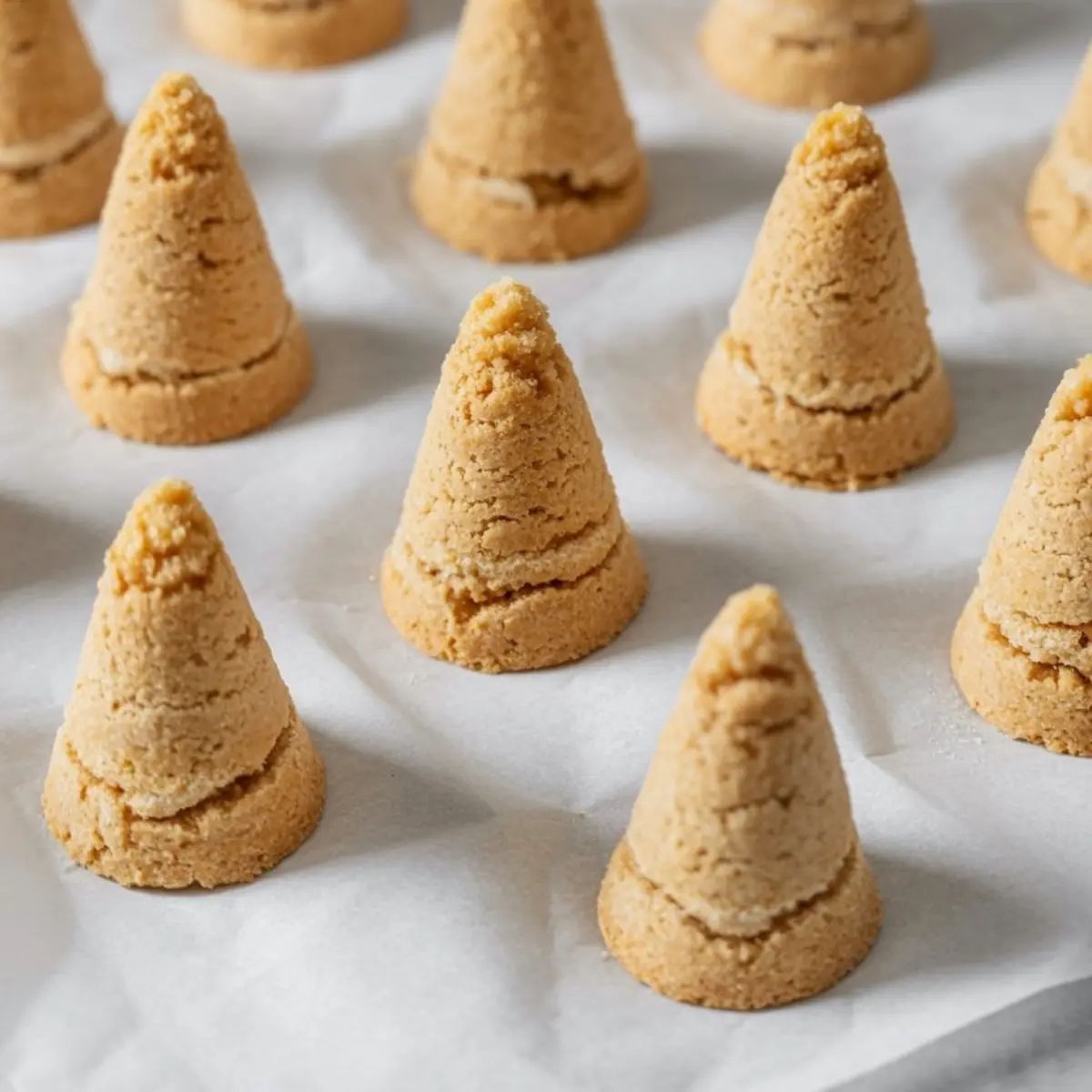 Cone-shaped cookie bases arranged on parchment paper, showcasing a golden-brown crumb texture with clean, ridged sides ideal for no-bake or molded desserts.
