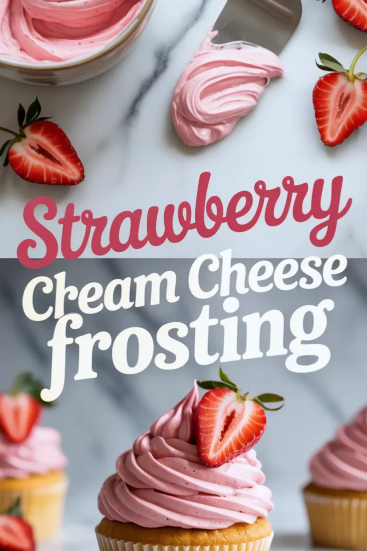 Two-part collage featuring creamy strawberry frosting swirled in a bowl with a frosting spatula and halved strawberries on top, and frosted cupcakes piped with pink strawberry cream cheese frosting topped with fresh strawberry halves, labeled “Strawberry Cream Cheese Frosting.”