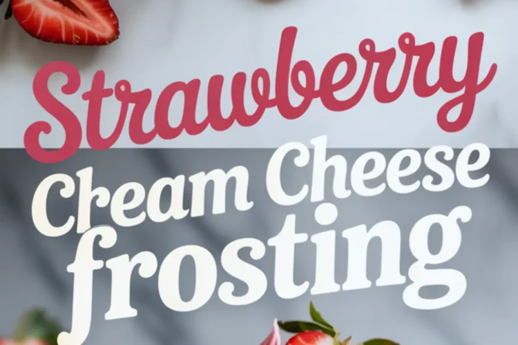 Two-part collage featuring creamy strawberry frosting swirled in a bowl with a frosting spatula and halved strawberries on top, and frosted cupcakes piped with pink strawberry cream cheese frosting topped with fresh strawberry halves, labeled “Strawberry Cream Cheese Frosting.”