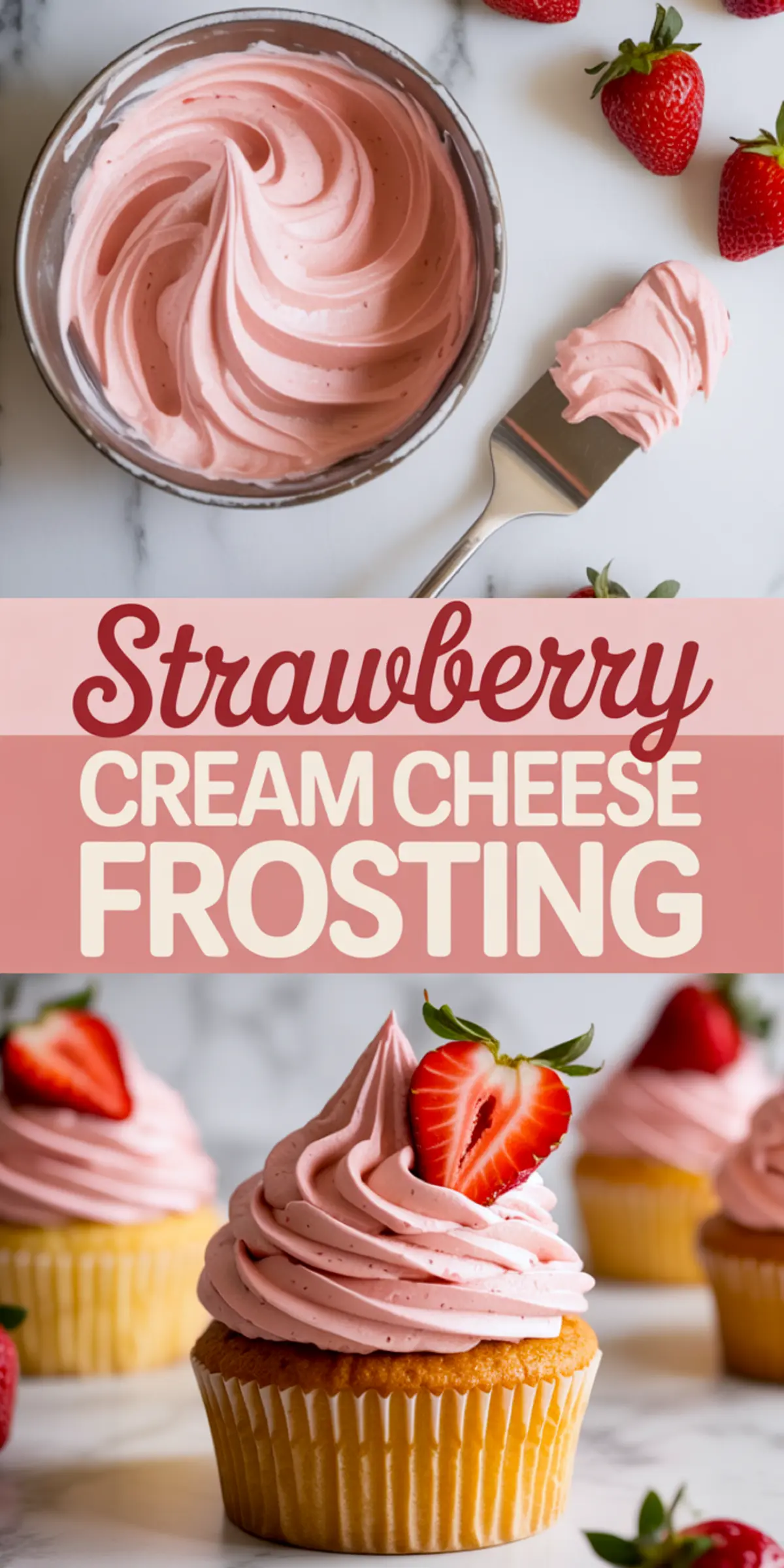 Vertical collage with smooth strawberry frosting in a bowl and spread on a spatula, whole strawberries placed nearby, and vanilla cupcakes topped with strawberry cream cheese frosting and halved strawberries, with bold text reading “Strawberry Cream Cheese Frosting.”