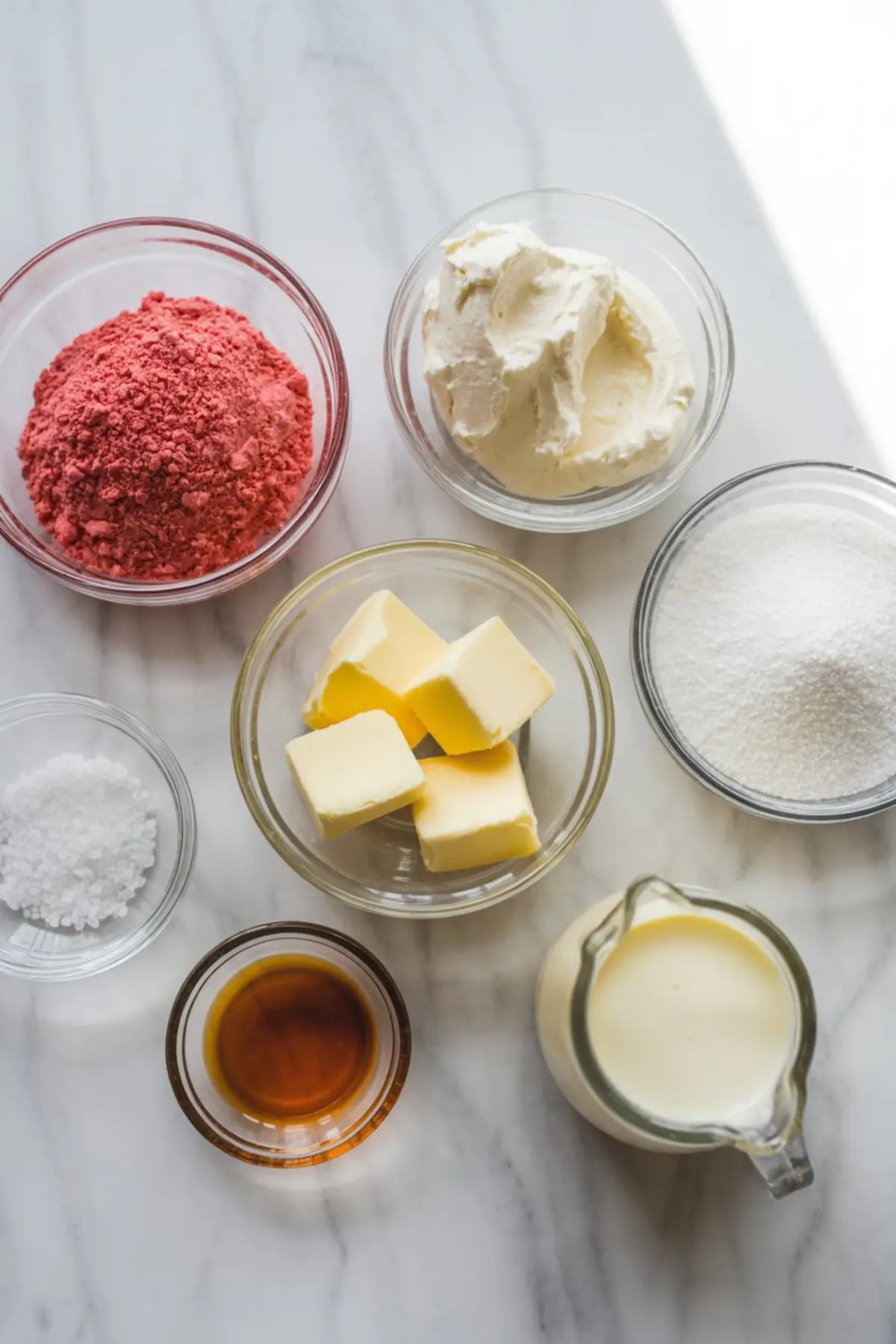 Flat lay of strawberry cream cheese frosting ingredients on a marble surface, including freeze-dried strawberry powder, butter cubes, cream cheese, granulated sugar, heavy cream, vanilla extract, and coarse salt in individual glass bowls.