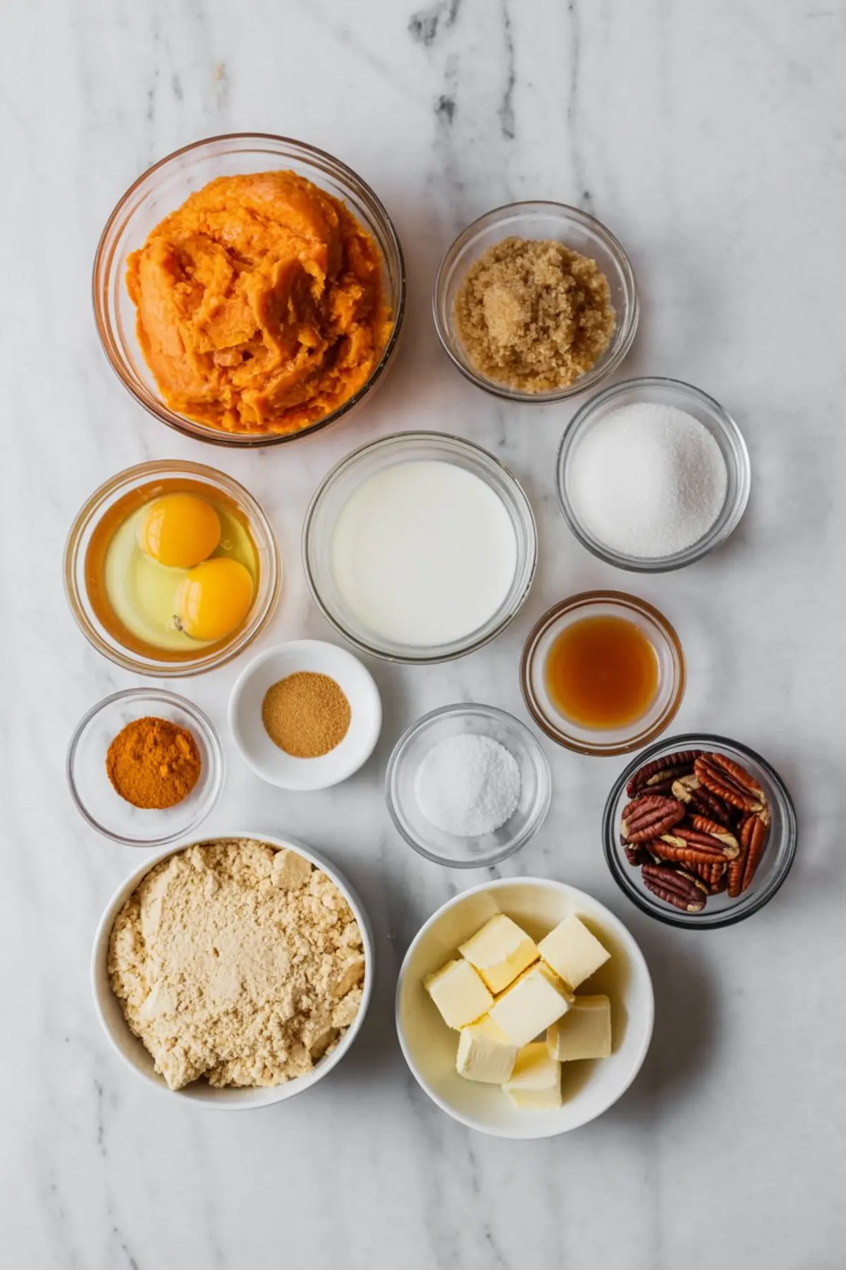 Flat lay of sweet potato dump cake ingredients including mashed sweet potatoes, brown sugar, white sugar, eggs, milk, vanilla, pecans, butter cubes, cake mix, cinnamon, nutmeg, baking powder, and salt, arranged neatly on white marble.
