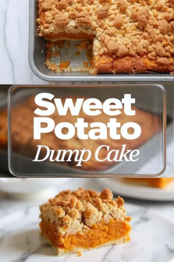 Baked sweet potato dump cake in a metal baking pan with golden brown crumb topping and missing corner slice. Bold text reads “Sweet Potato Dump Cake” over blurred background. Below, a close-up of a thick slice on a white plate reveals layers of soft sweet potato filling and crunchy streusel.